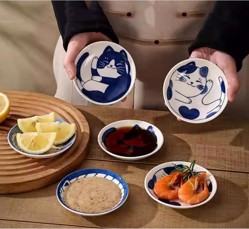 Sisims Japanese Cute Cat soy sauce Plates,Japanese soy sauce plates,Ceramic Dipping bowls for Appetizer Dessert Sushi Sauce 3.94 x 0.8 Inches Set of 4 - Image 5